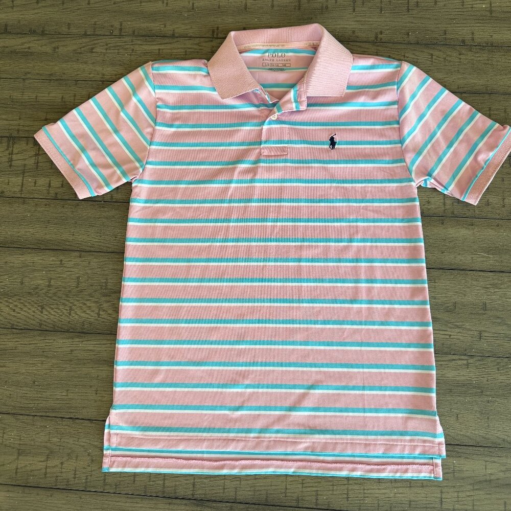 Boys sz L 14-16 Polo Ralph Lauren Performance golf shirt pink stripes